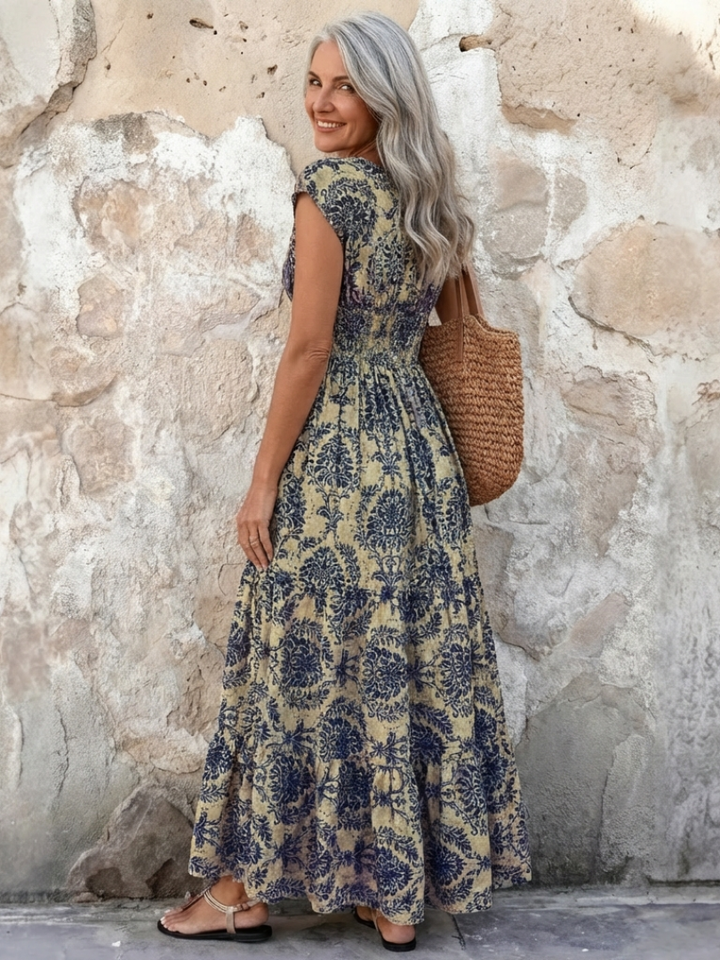 Vivienne | Cap Sleeve V-Neck Bohemian Maxi Dress