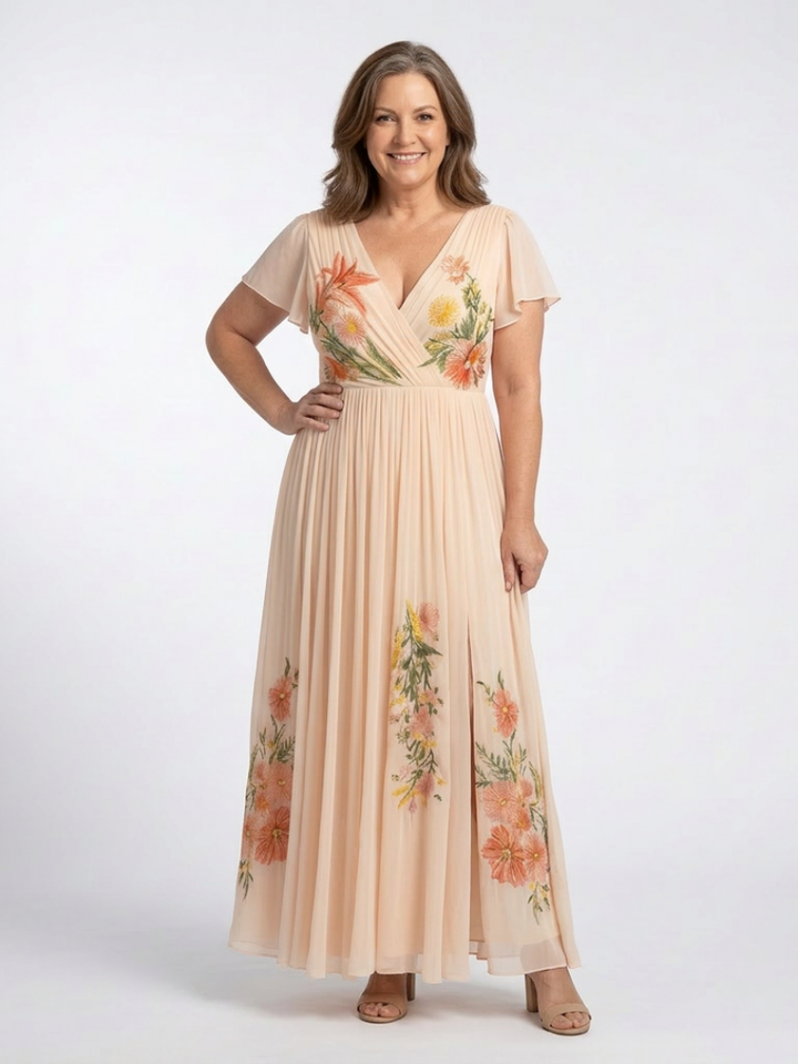 Calista | V-Neck Short Sleeve Pleated Floral Maxi Dress