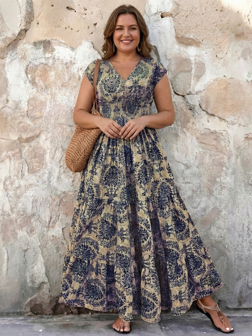 Vivienne | Cap Sleeve V-Neck Bohemian Maxi Dress