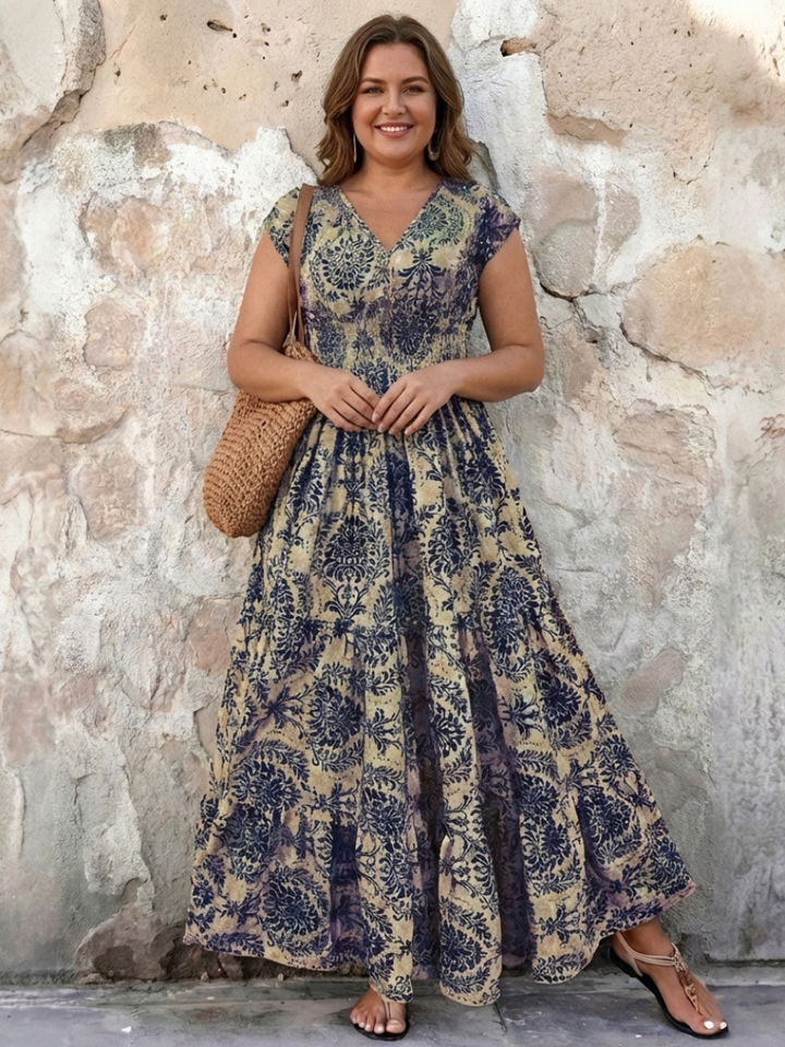 Vivienne | Cap Sleeve V-Neck Bohemian Maxi Dress
