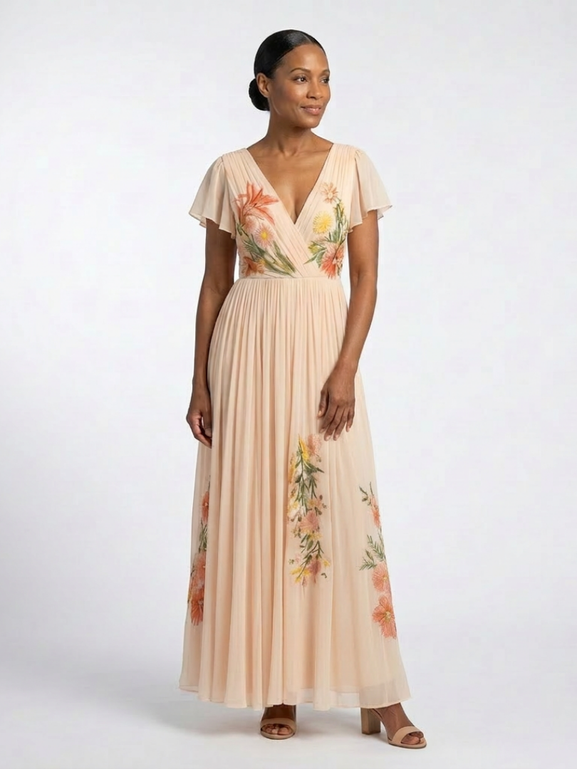 Calista | V-Neck Short Sleeve Pleated Floral Maxi Dress