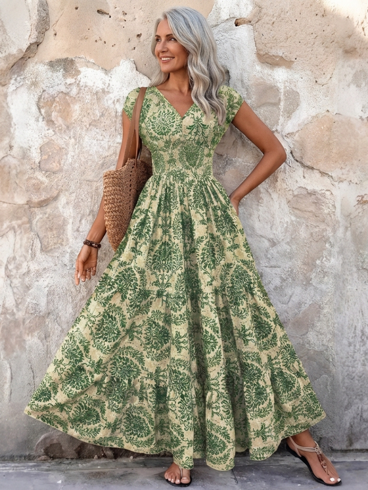 Vivienne | Cap Sleeve V-Neck Bohemian Maxi Dress