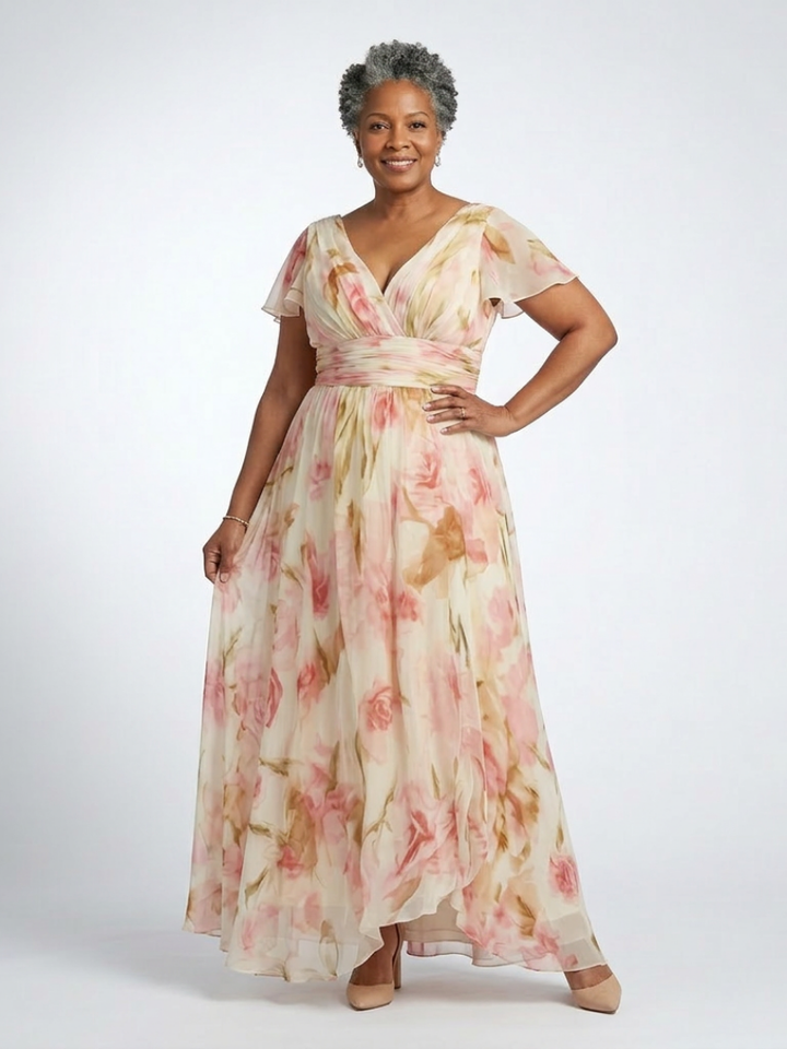 Elara | V-Neck Short Sleeve Floral Maxi Dress