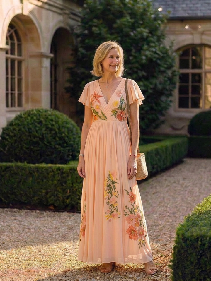 Calista | V-Neck Short Sleeve Pleated Floral Maxi Dress