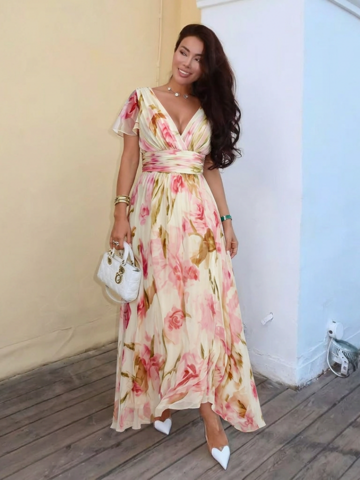 Elara | V-Neck Short Sleeve Floral Maxi Dress