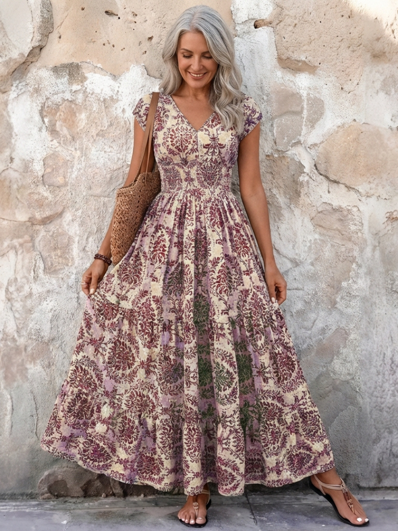 Vivienne | Cap Sleeve V-Neck Bohemian Maxi Dress