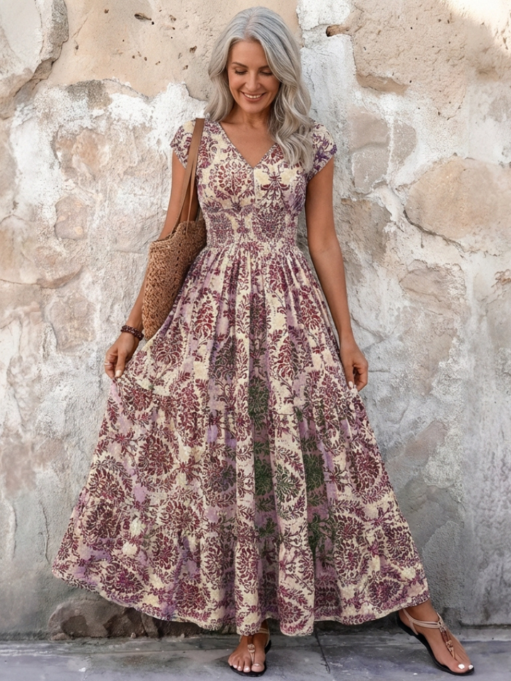 Vivienne | Cap Sleeve V-Neck Bohemian Maxi Dress