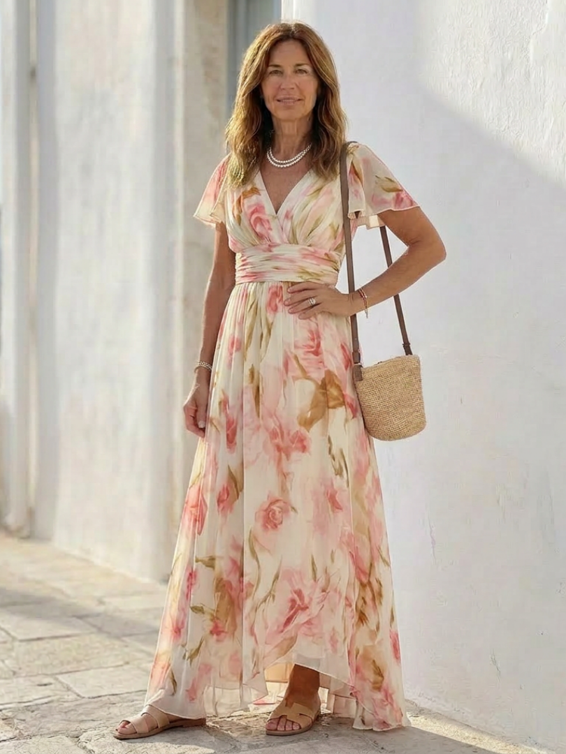 Elara | V-Neck Short Sleeve Floral Maxi Dress