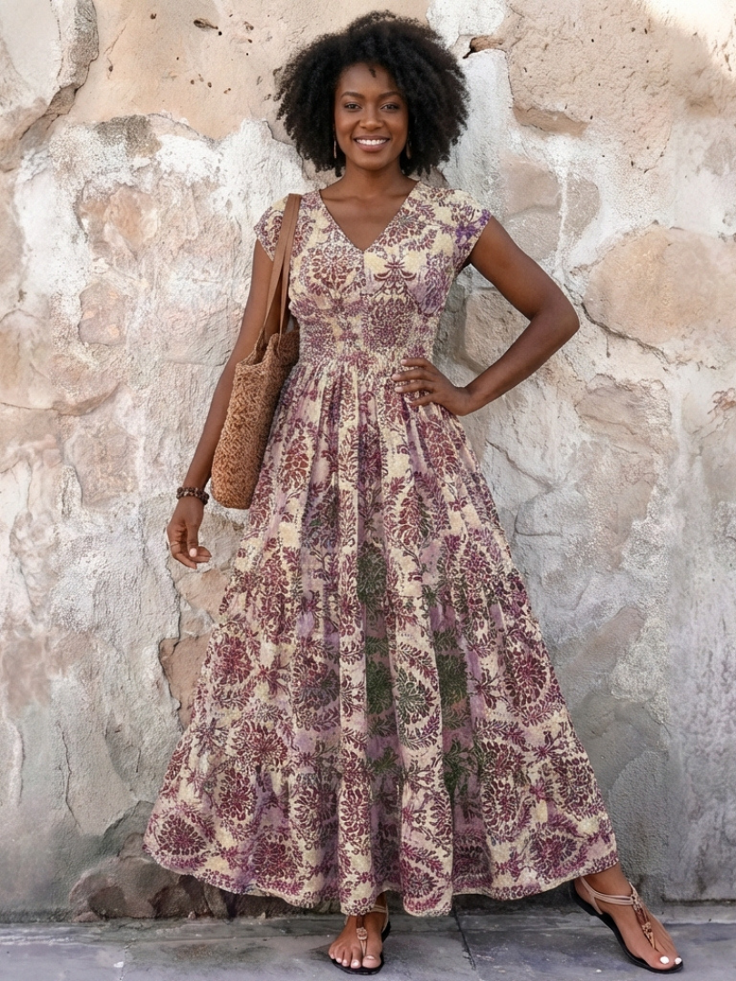 Vivienne | Cap Sleeve V-Neck Bohemian Maxi Dress