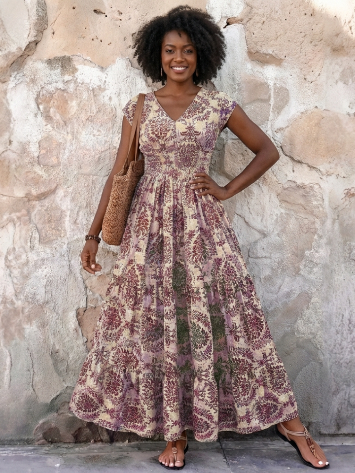 Vivienne | Cap Sleeve V-Neck Bohemian Maxi Dress