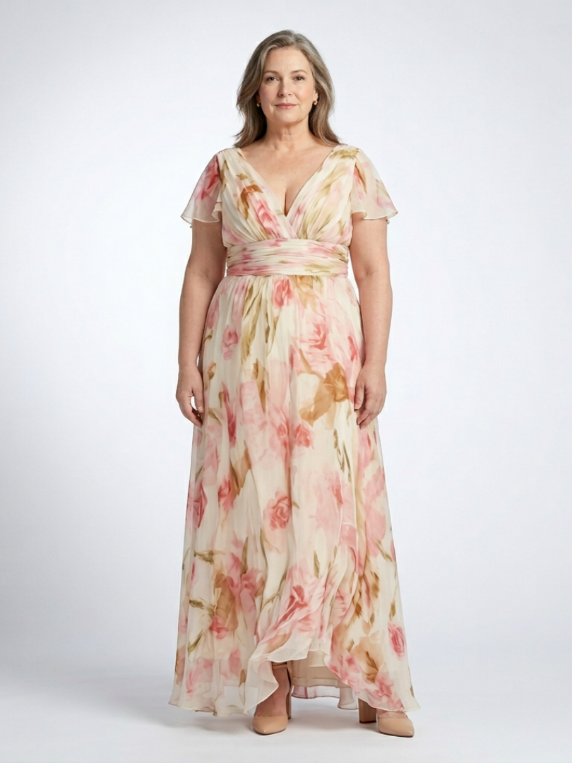 Elara | V-Neck Short Sleeve Floral Maxi Dress