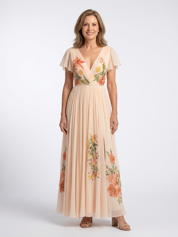 Calista | V-Neck Short Sleeve Pleated Floral Maxi Dress