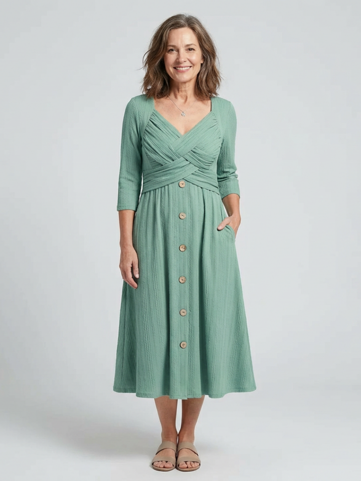 Isolde | Cross Pleated V-Neck Button Front Midi Dress