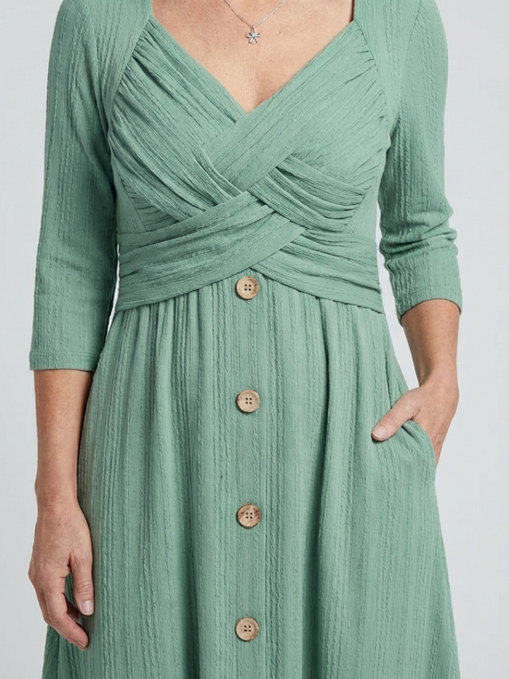 Isolde | Cross Pleated V-Neck Button Front Midi Dress