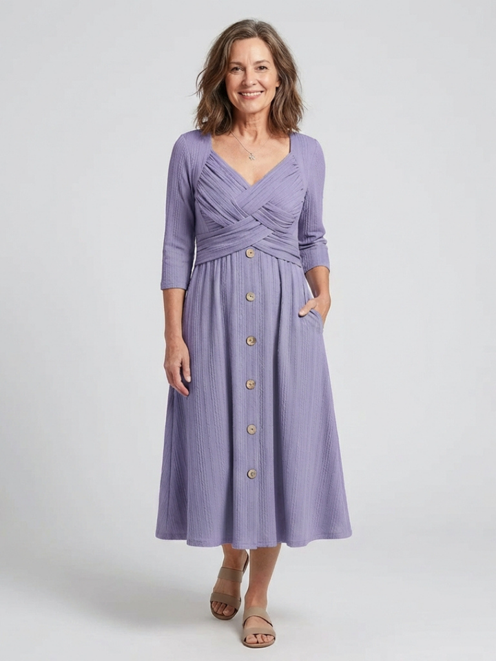Isolde | Cross Pleated V-Neck Button Front Midi Dress
