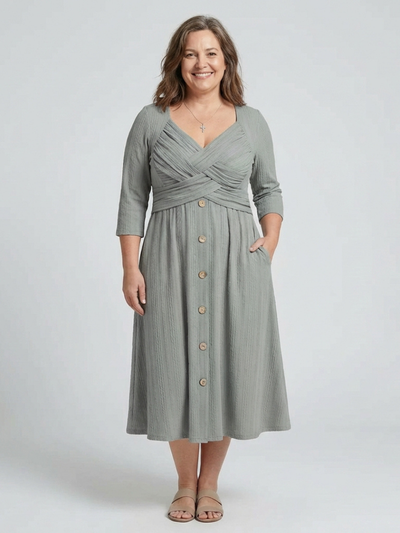 Isolde | Cross Pleated V-Neck Button Front Midi Dress