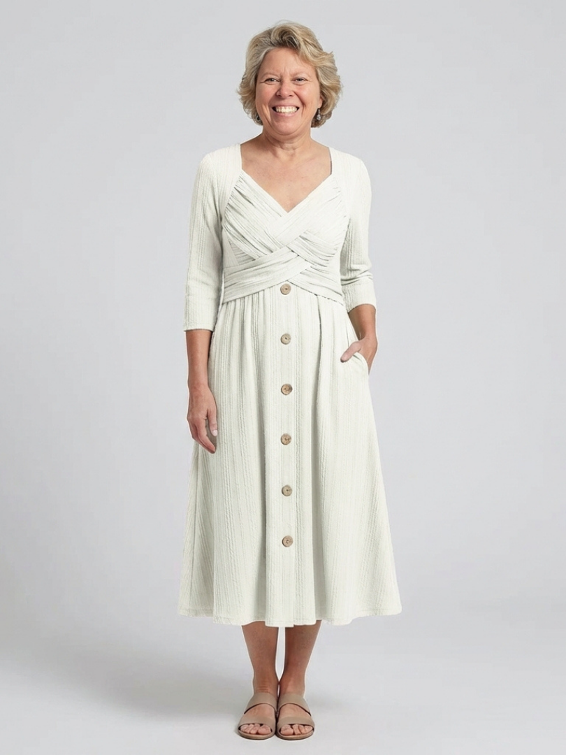 Isolde | Cross Pleated V-Neck Button Front Midi Dress