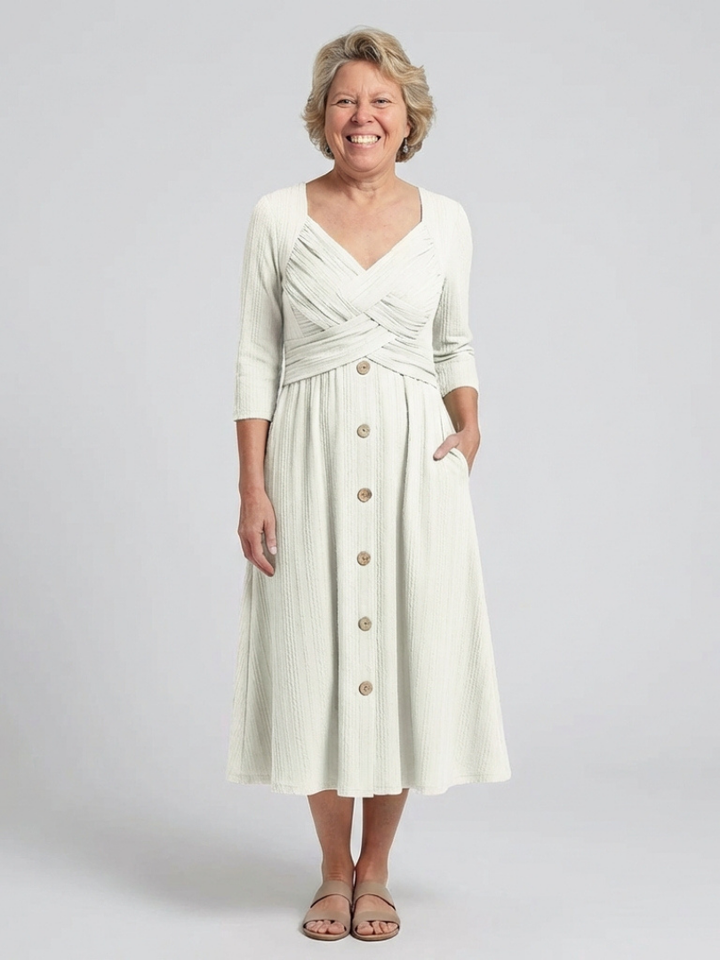 Isolde | Cross Pleated V-Neck Button Front Midi Dress