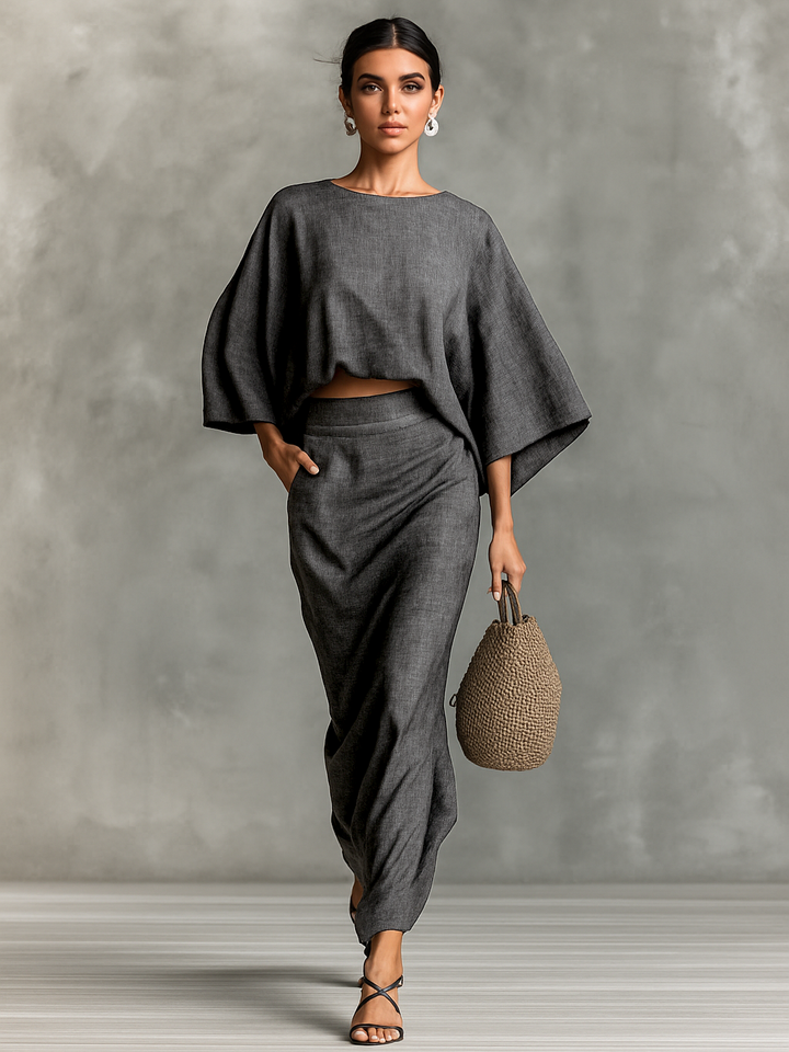 Two-piece set with long skirt and batwing sleeves