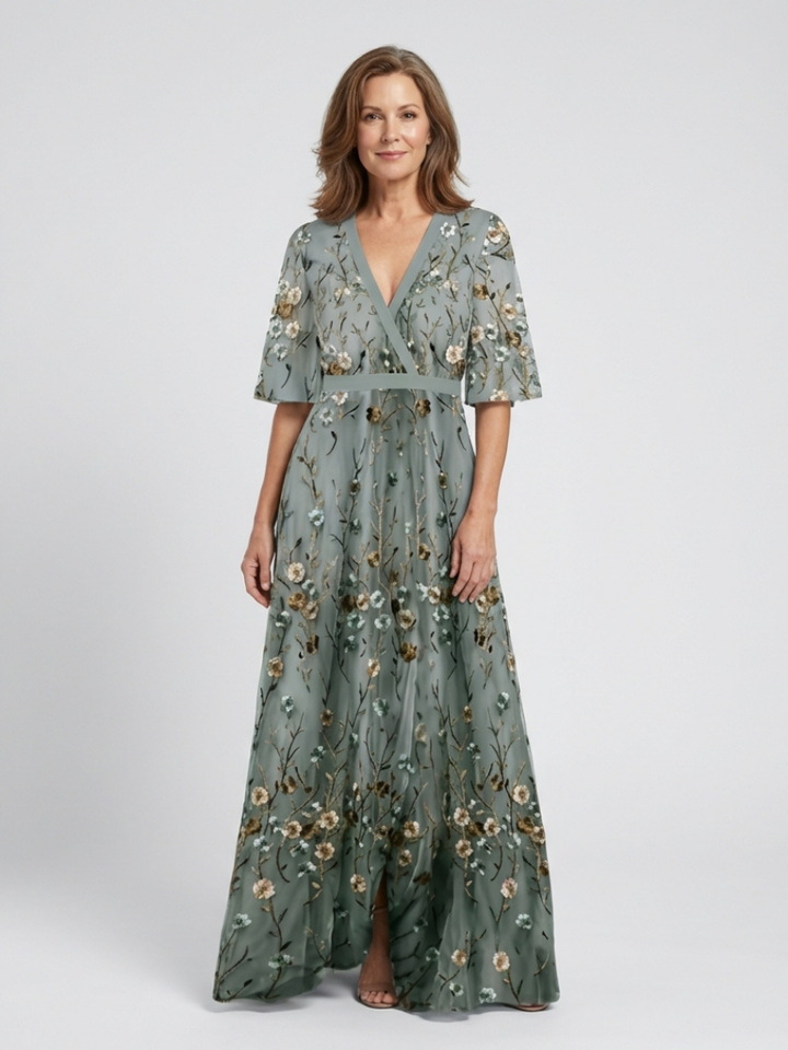 Margaret | Floral V-Neck Short Sleeve Maxi Dress