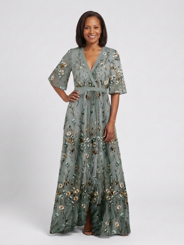Margaret | Floral V-Neck Short Sleeve Maxi Dress