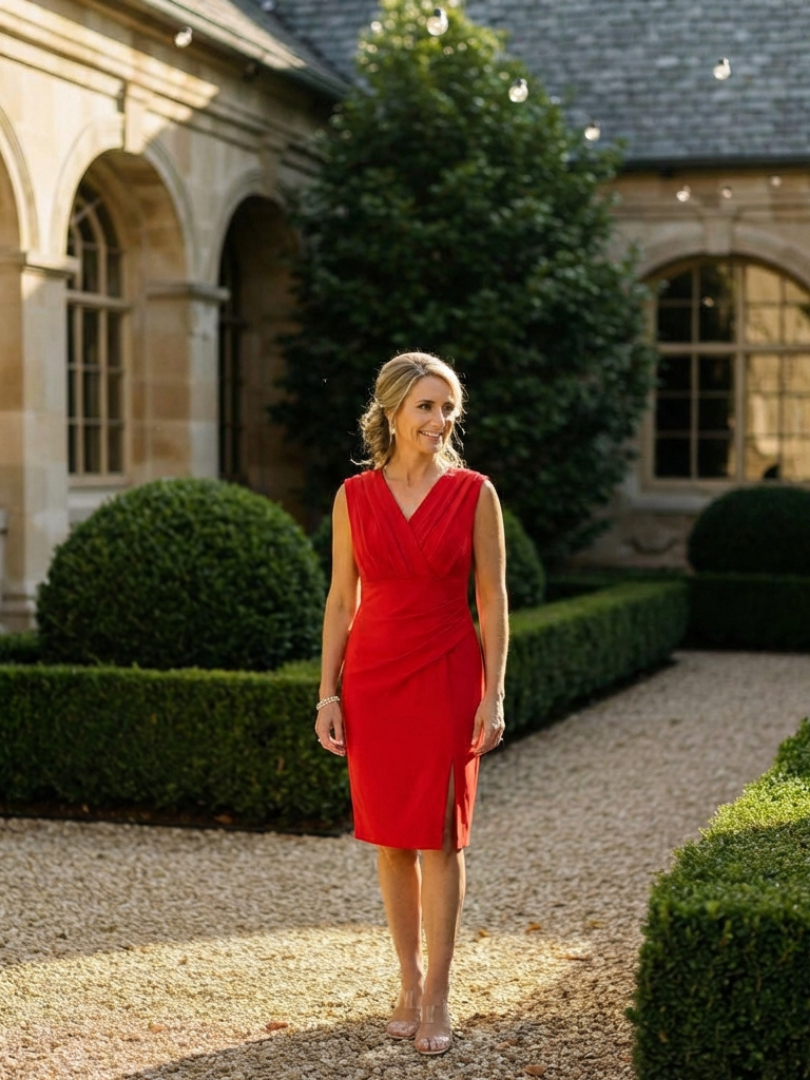 Vanessa | Sleeveless V-Neck Knee Length Dress With Front Slit