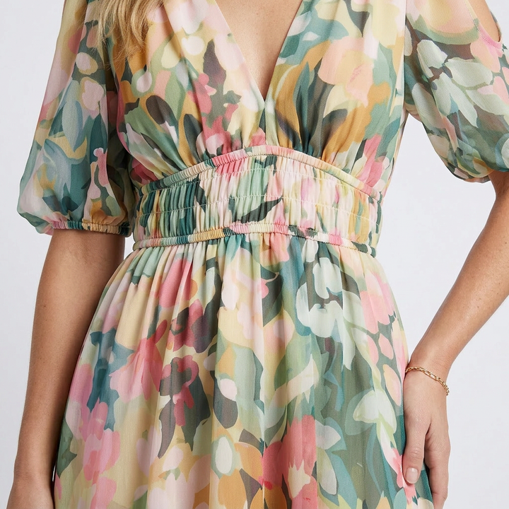 Eulalie | V-Neck Short Sleeve Gathered Waist Midi Dress