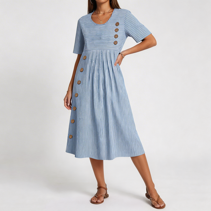 Nadine | Striped Button Accent Midi Dress