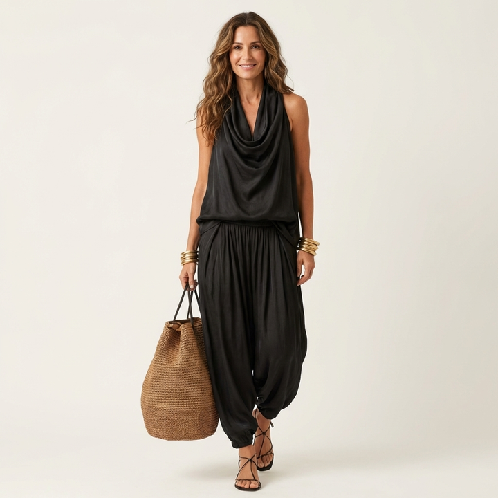 Cariana | Cowl-Neck Halter Top &amp; Draped Wide-Leg Pants Set