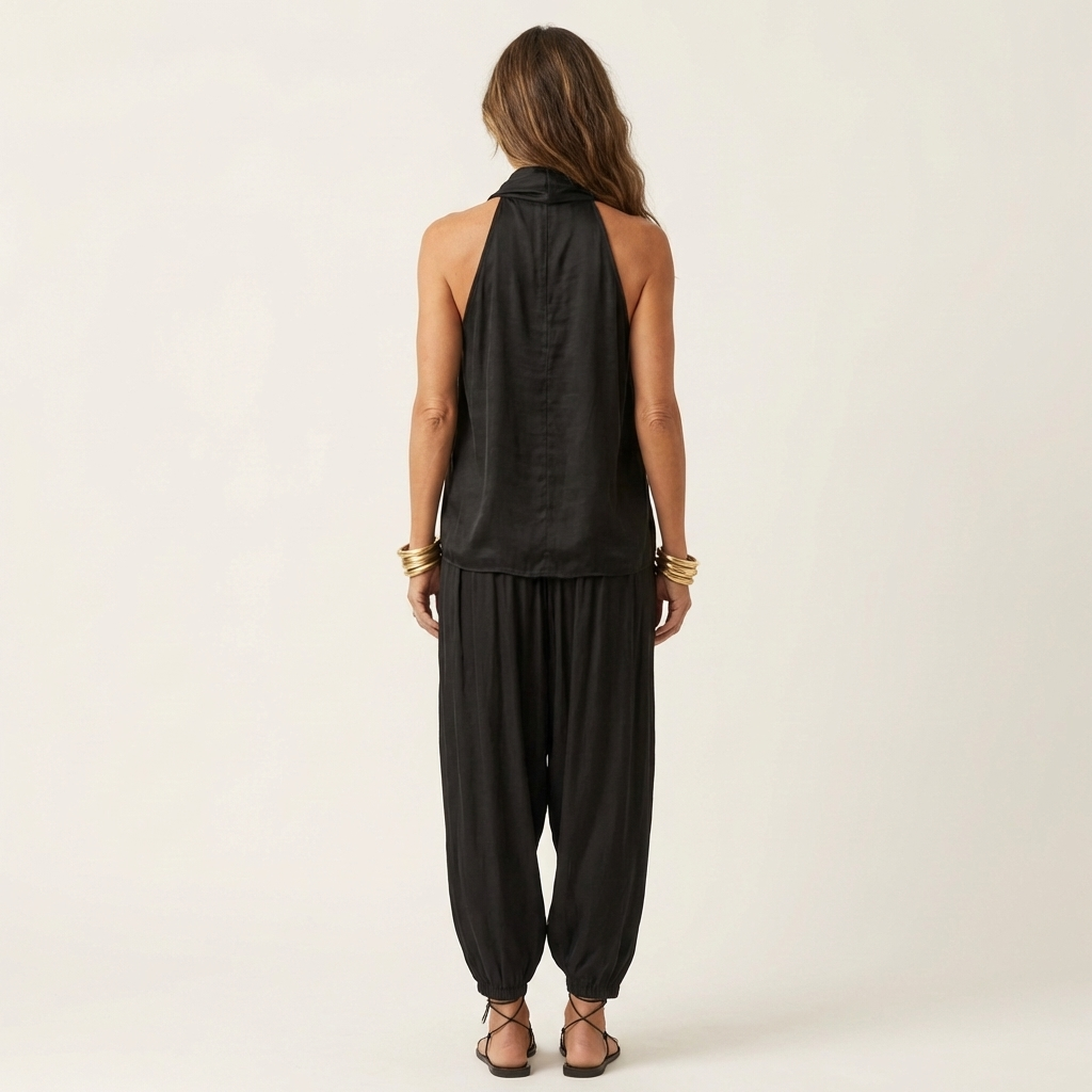 Cariana | Cowl-Neck Halter Top &amp; Draped Wide-Leg Pants Set