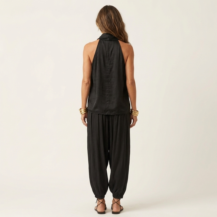 Cariana | Cowl-Neck Halter Top &amp; Draped Wide-Leg Pants Set