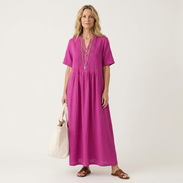 Calea | Pintuck V-Neck Maxi Dress with Short Sleeves &amp; Pockets