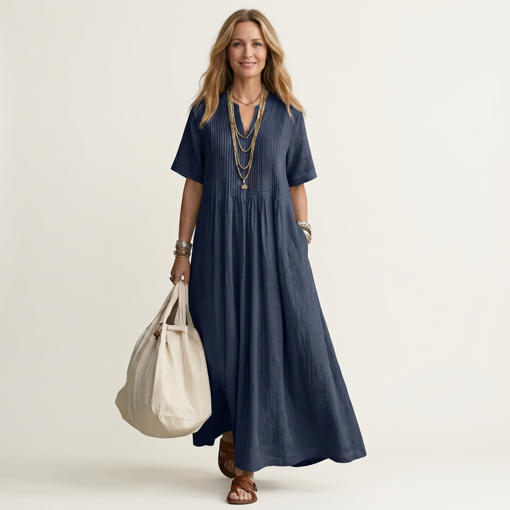 Calea | Pintuck V-Neck Maxi Dress with Short Sleeves &amp; Pockets
