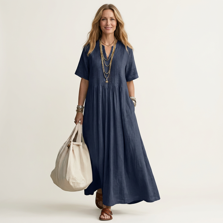 Calea | Pintuck V-Neck Maxi Dress with Short Sleeves &amp; Pockets