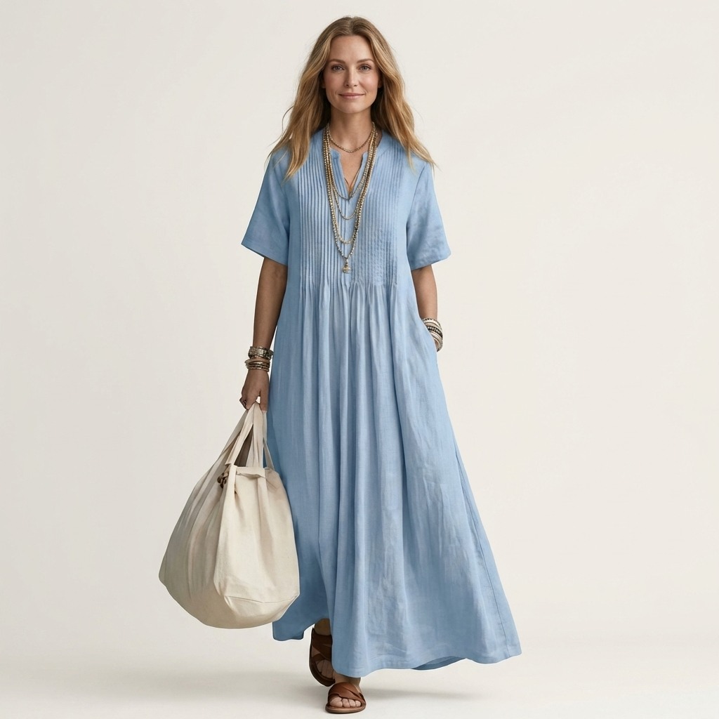 Calea | Pintuck V-Neck Maxi Dress with Short Sleeves &amp; Pockets