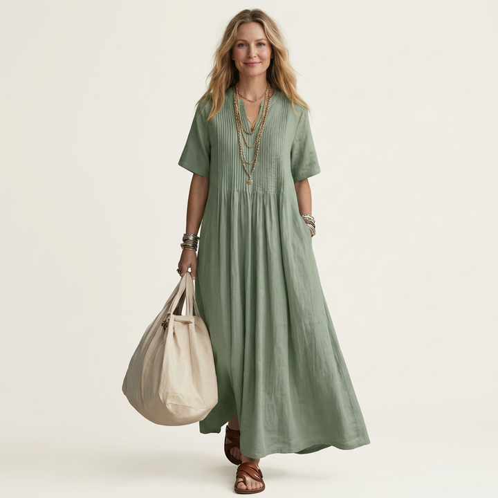 Calea | Pintuck V-Neck Maxi Dress with Short Sleeves &amp; Pockets