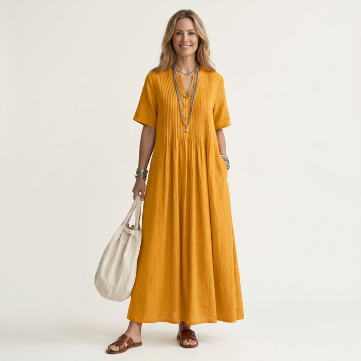 Calea | Pintuck V-Neck Maxi Dress with Short Sleeves &amp; Pockets