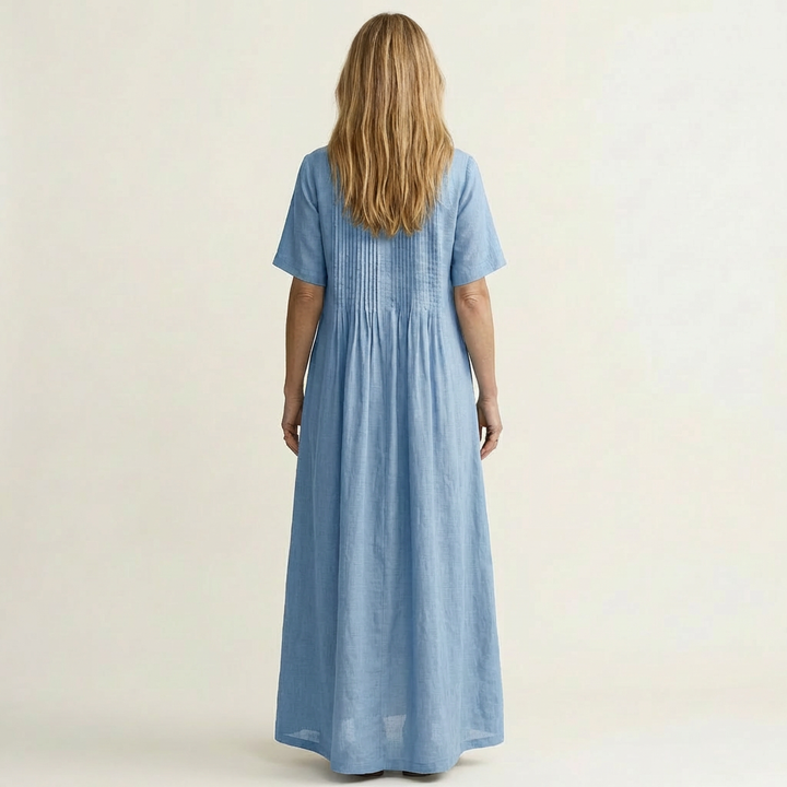 Calea | Pintuck V-Neck Maxi Dress with Short Sleeves &amp; Pockets