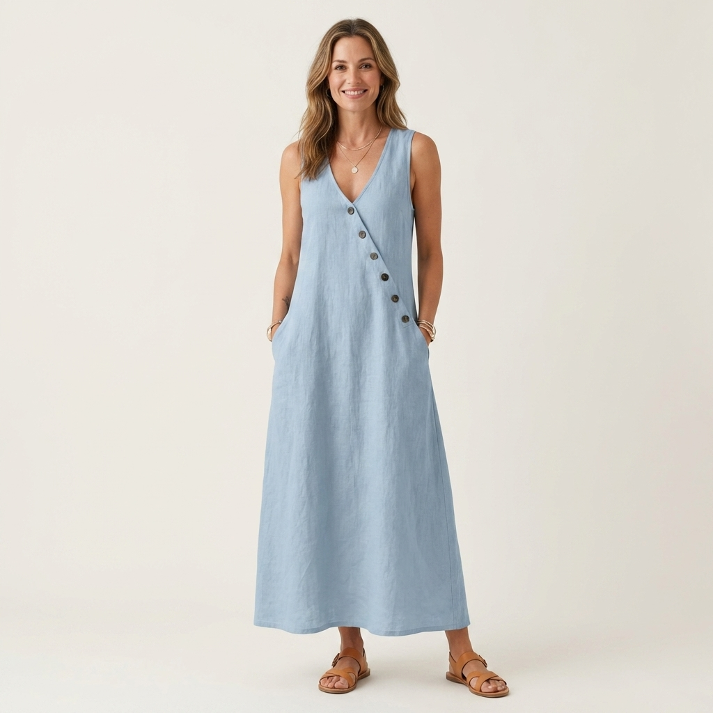 Amelie | V-Neck Sleeveless Button-Detail Maxi Dress
