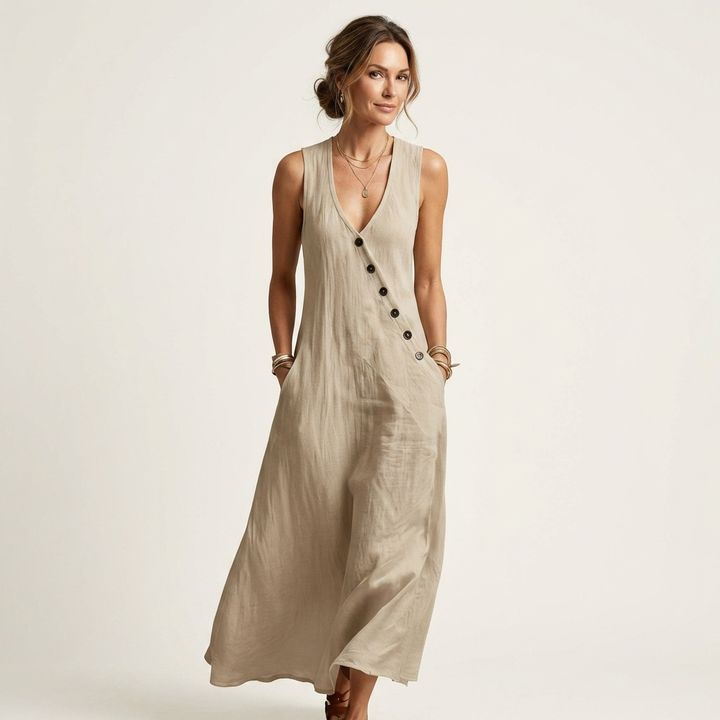Amelie | V-Neck Sleeveless Button-Detail Maxi Dress