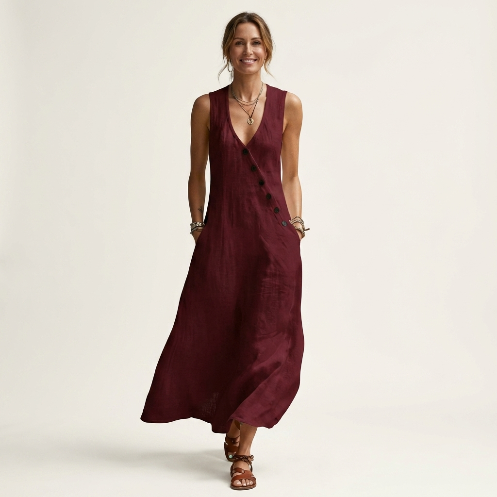 Amelie | V-Neck Sleeveless Button-Detail Maxi Dress