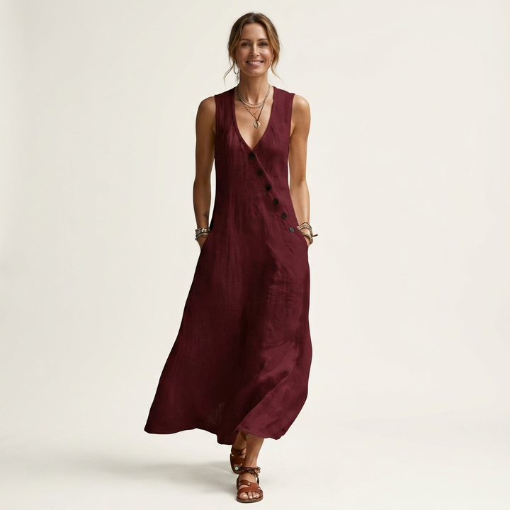 Amelie | V-Neck Sleeveless Button-Detail Maxi Dress