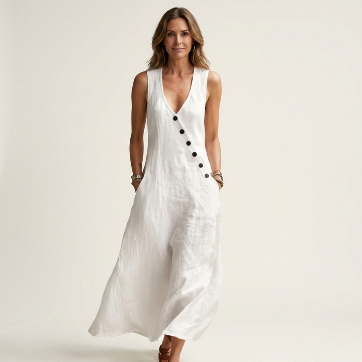 Amelie | V-Neck Sleeveless Button-Detail Maxi Dress