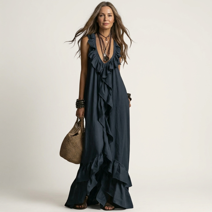 Yonora | Deep V-Neck Maxi Dress with Cascading Ruffle Front