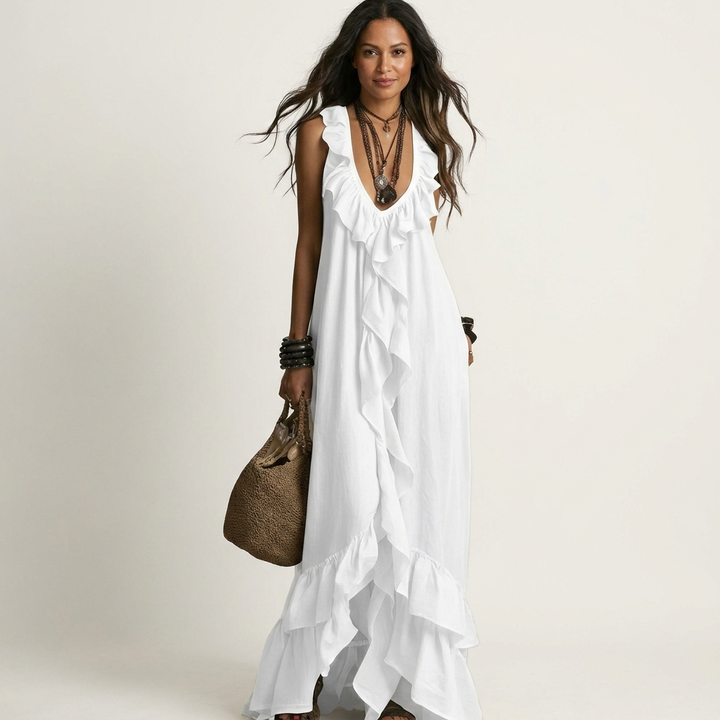 Yonora | Deep V-Neck Maxi Dress with Cascading Ruffle Front