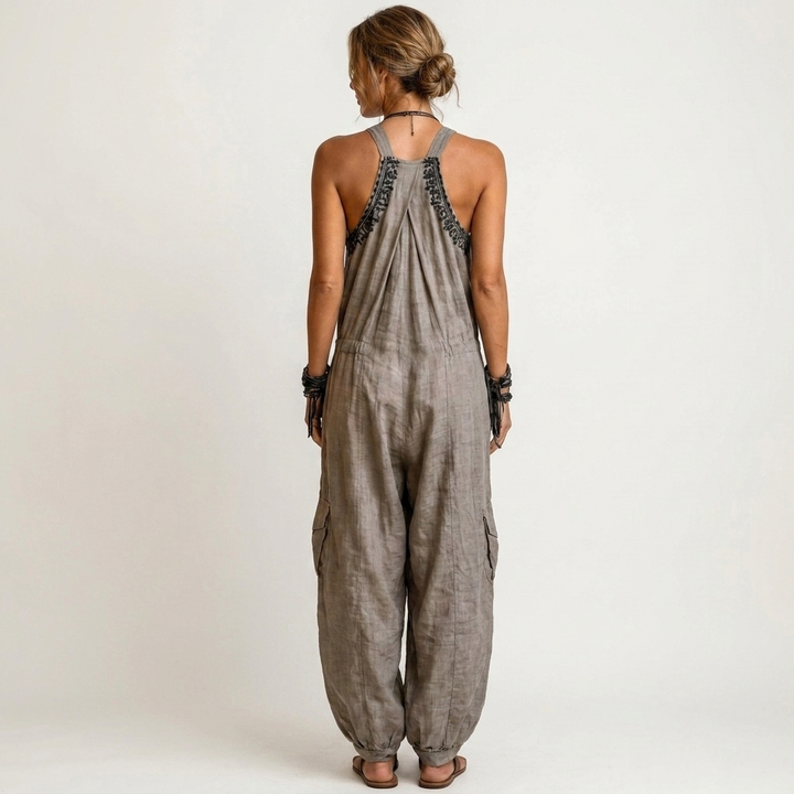 Rimala | Boho Jumpsuit With Embroidered Bodice And Patch Pockets