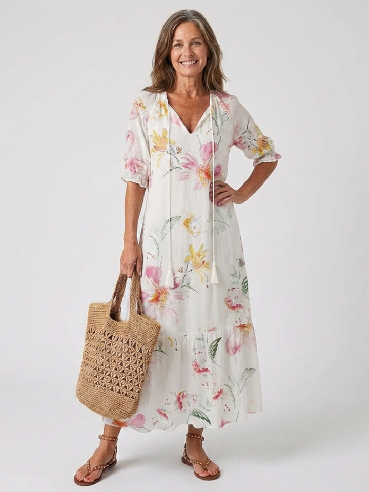 Lillian | Floral V-Neck Short Sleeve Midi Dress