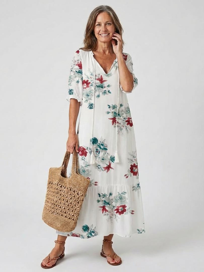 Lillian | Floral V-Neck Short Sleeve Midi Dress