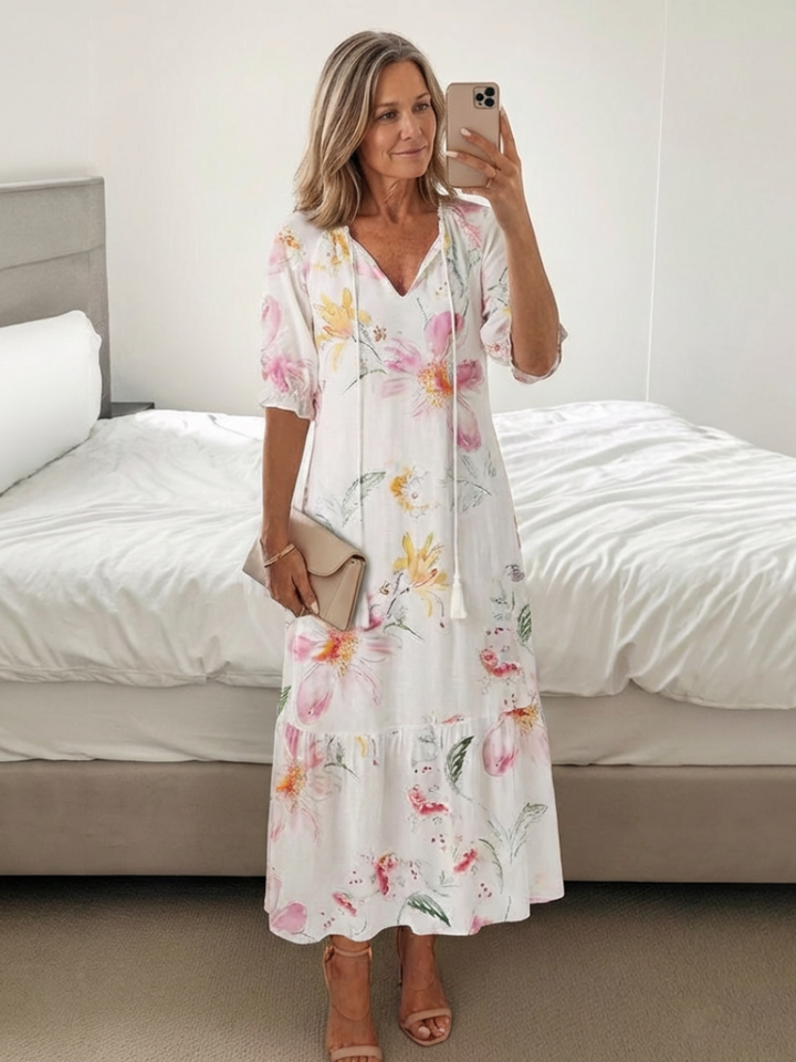 Lillian | Floral V-Neck Short Sleeve Midi Dress