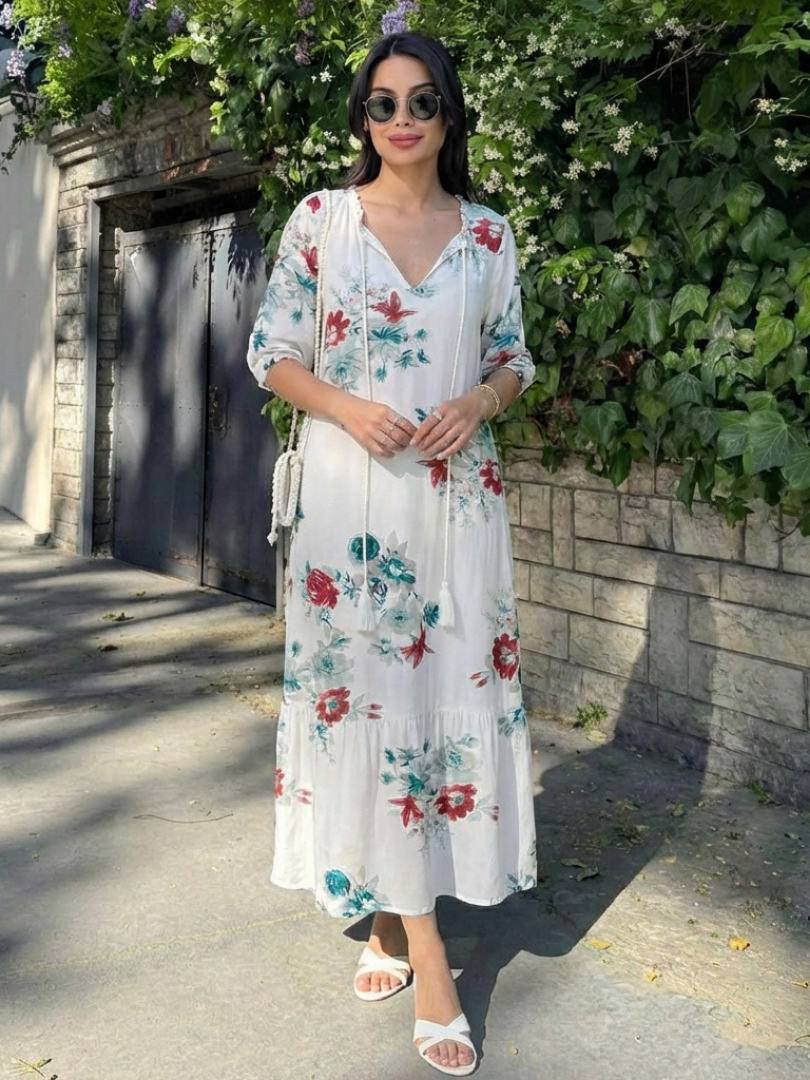 Lillian | Floral V-Neck Short Sleeve Midi Dress